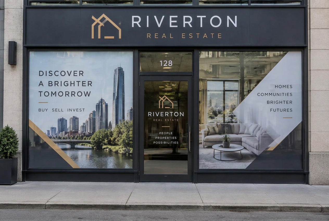 Storefront windows with professionally installed branded vinyl