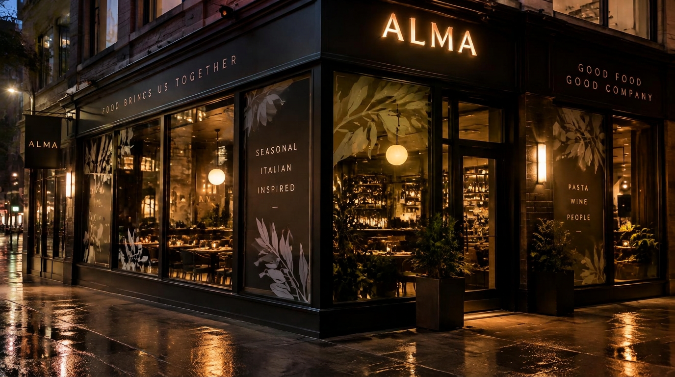 Branded restaurant storefront at night in Toronto